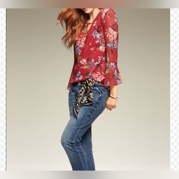 Sold~Cabi Devoted Blouse Red Floral Bell Sleeves Multi Color Layered Top, Size L - Picture 3 of 9